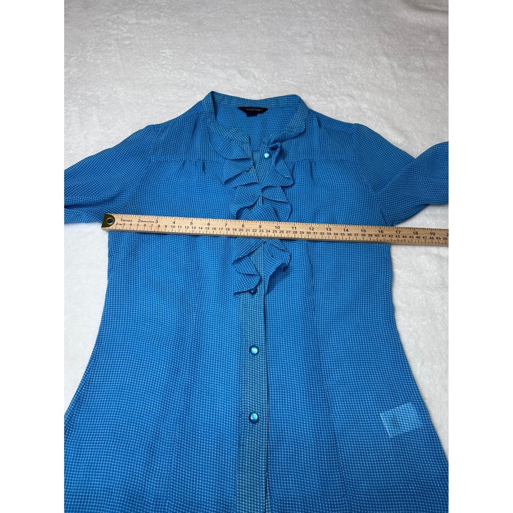 Banana Republic Turquoise Houndstooth Ruffle Front Blouse 3/4 Sleeve Size 2 - Picture 6 of 8